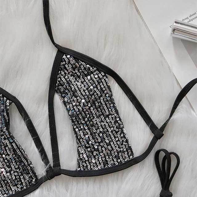 Sequined Hollow Out Strappy Bikinis Set