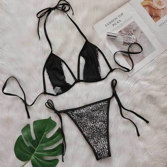 Sequined Hollow Out Strappy Bikinis Set