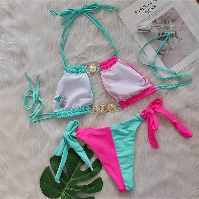 Crystal Diamond Patchwork Style Laced Bikinis Set