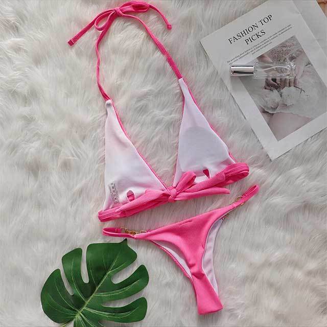 Deep V Neck Halter Two Pieces Bikinis Set