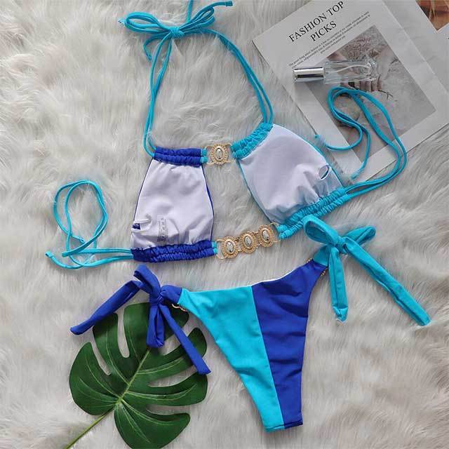 Crystal Diamond Patchwork Style Laced Bikinis Set