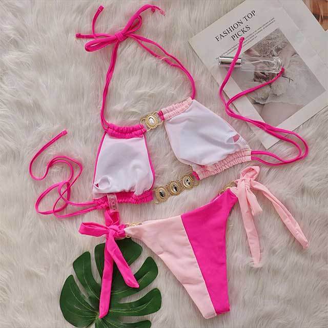 Crystal Diamond Patchwork Style Laced Bikinis Set
