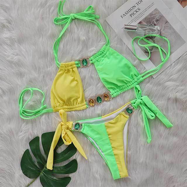 Crystal Diamond Patchwork Style Laced Bikinis Set
