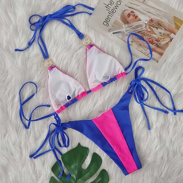 Patchwork Style Diamond Strappy Bikinis Set