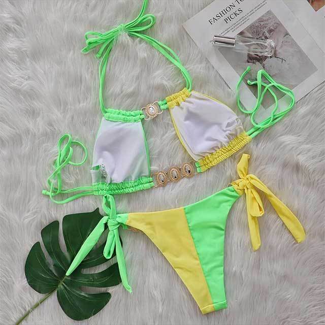 Crystal Diamond Patchwork Style Laced Bikinis Set