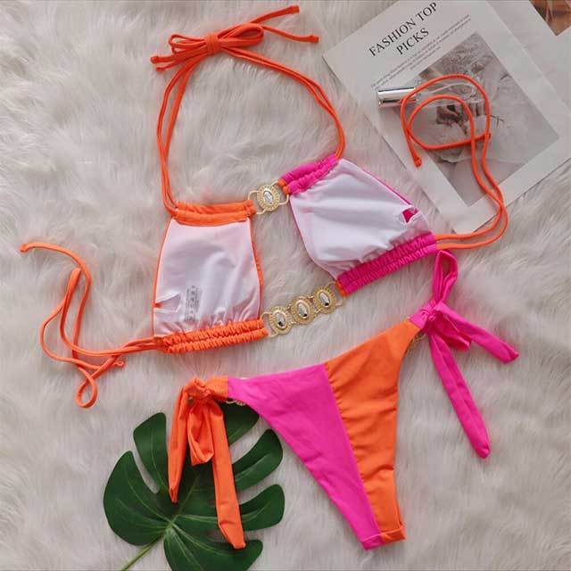 Crystal Diamond Patchwork Style Laced Bikinis Set