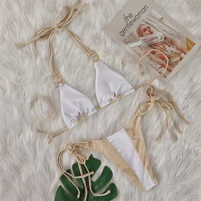 Patchwork Style Diamond Strappy Bikinis Set