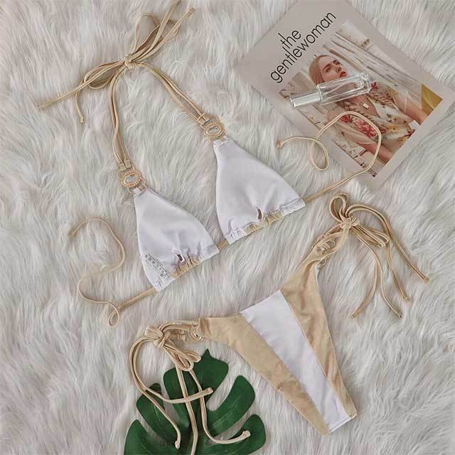 Patchwork Style Diamond Strappy Bikinis Set