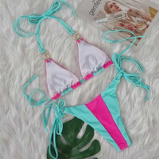 Patchwork Style Diamond Strappy Bikinis Set