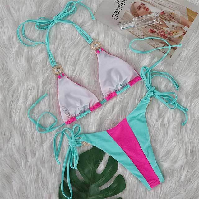 Patchwork Style Diamond Strappy Bikinis Set