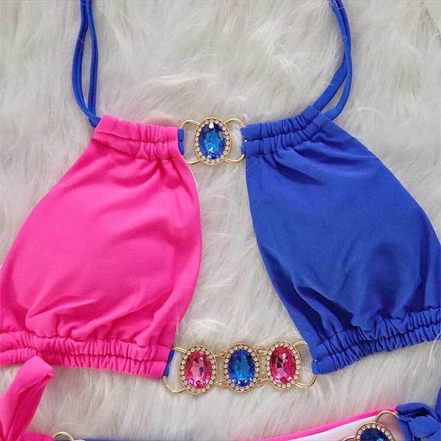 Crystal Diamond Patchwork Style Laced Bikinis Set