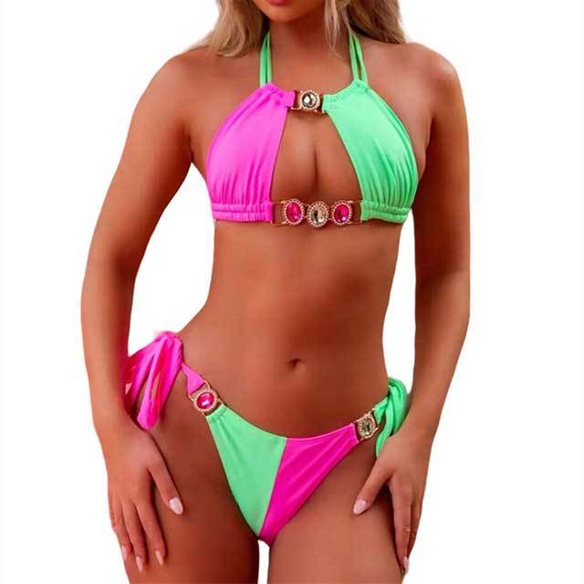 Crystal Diamond Patchwork Style Laced Bikinis Set
