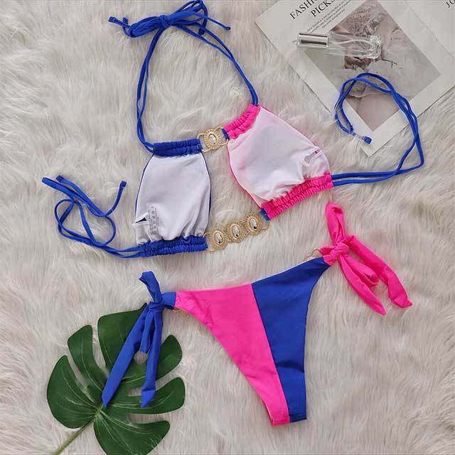 Crystal Diamond Patchwork Style Laced Bikinis Set