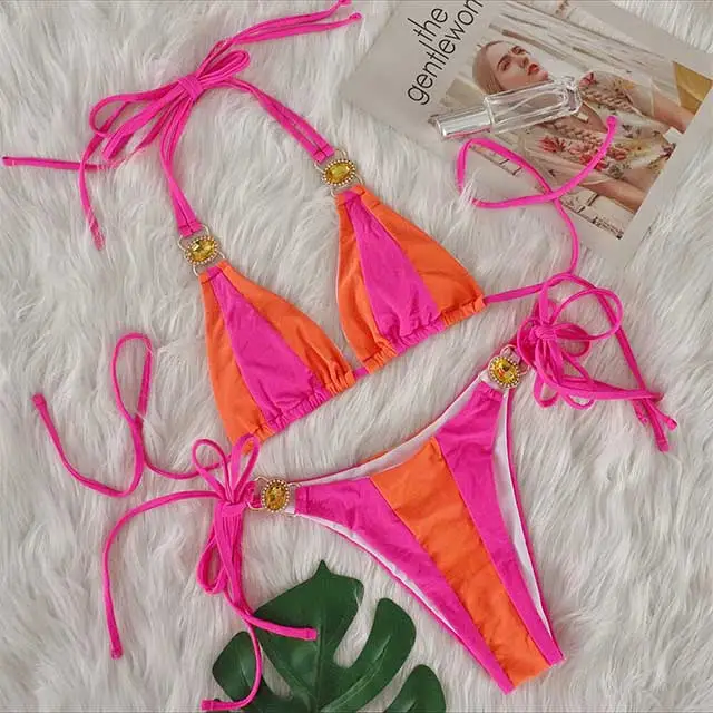 Patchwork Style Diamond Strappy Bikinis Set