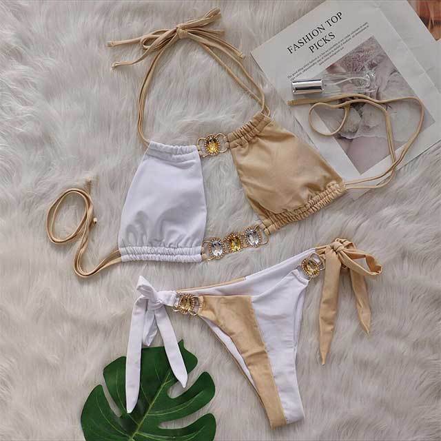 Crystal Diamond Patchwork Style Laced Bikinis Set