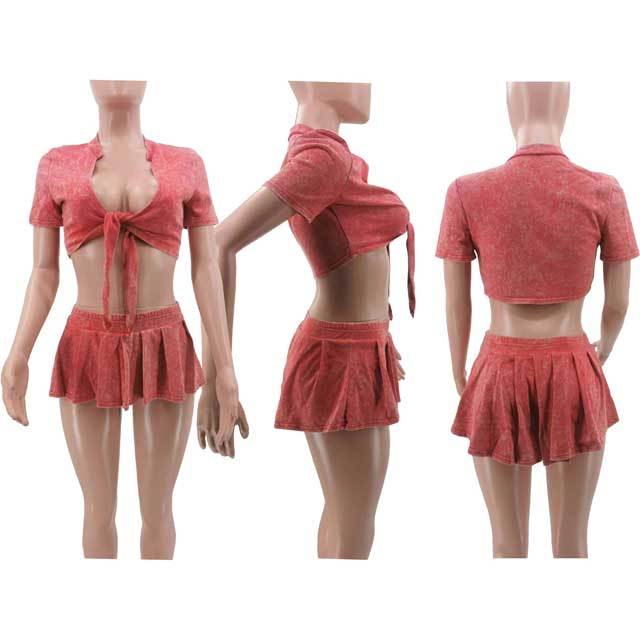 Washed Distressed Tied Top Pleated Skirt Set