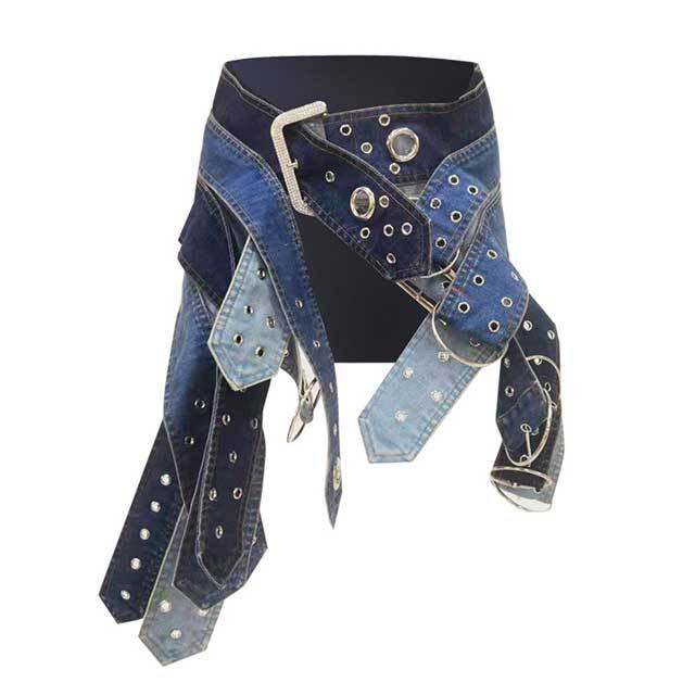 Washed Denim Color Block Punk Skirt
