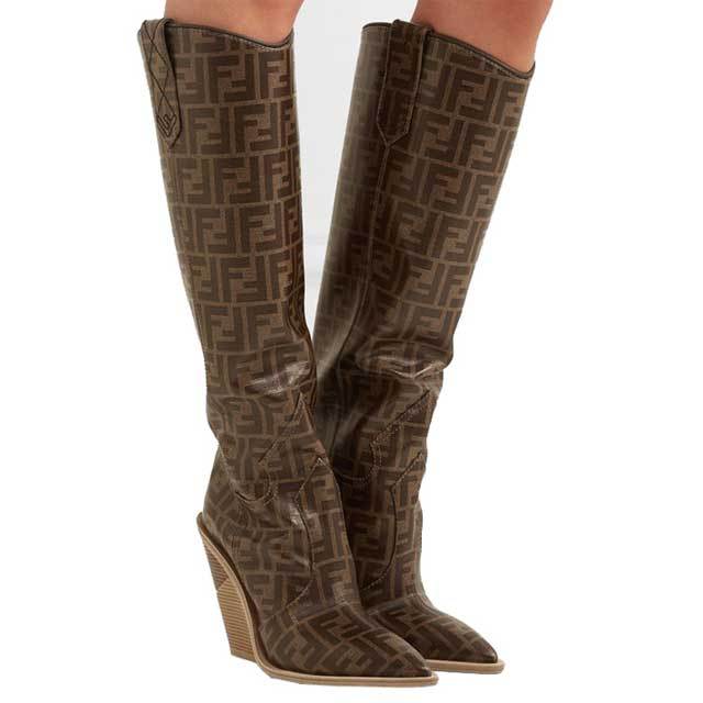Leather Printed Wedge Heeled Boots