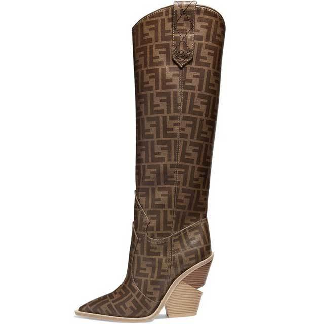 Leather Printed Wedge Heeled Boots