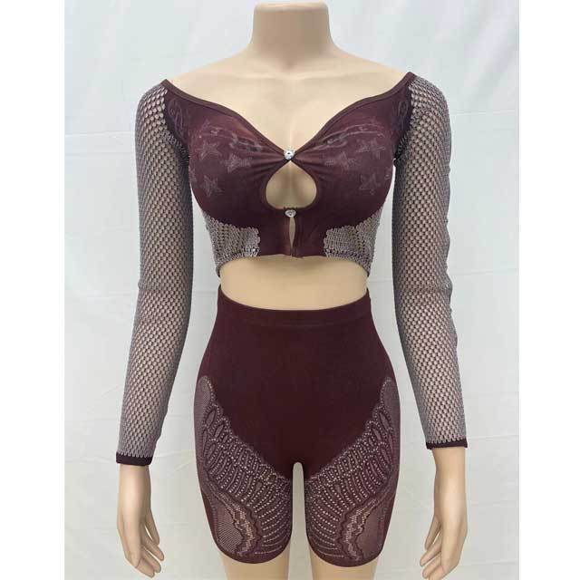Mesh Hollow Out Top Short Set
