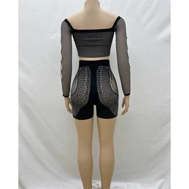 Mesh Hollow Out Top Short Set