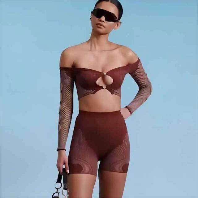 Mesh Hollow Out Top Short Set