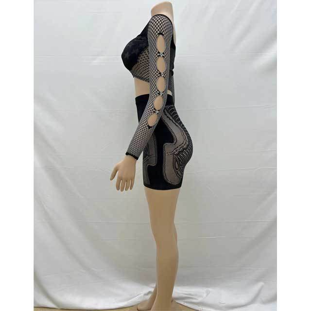 Mesh Hollow Out Top Short Set