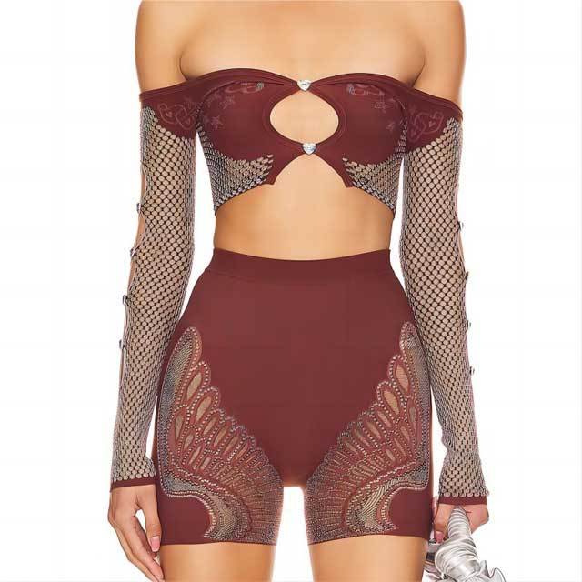 Mesh Hollow Out Top Short Set