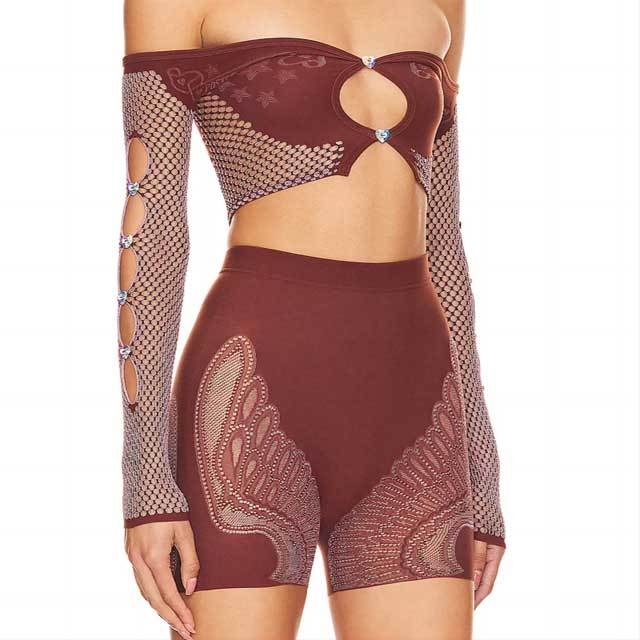 Mesh Hollow Out Top Short Set