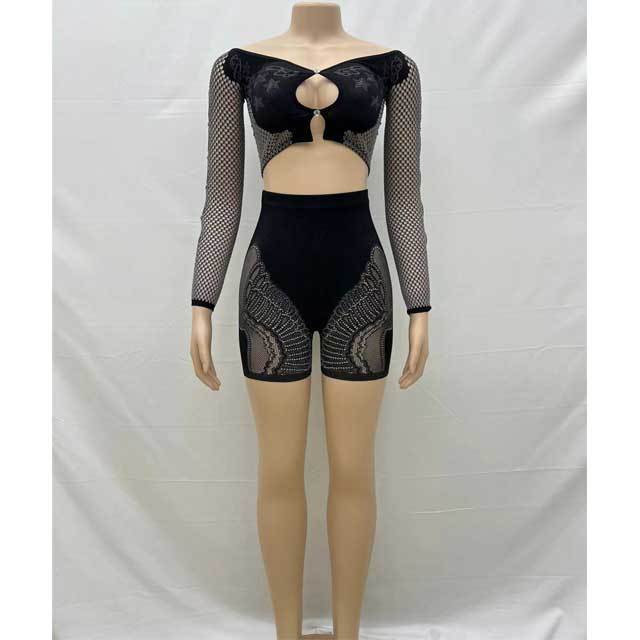Mesh Hollow Out Top Short Set