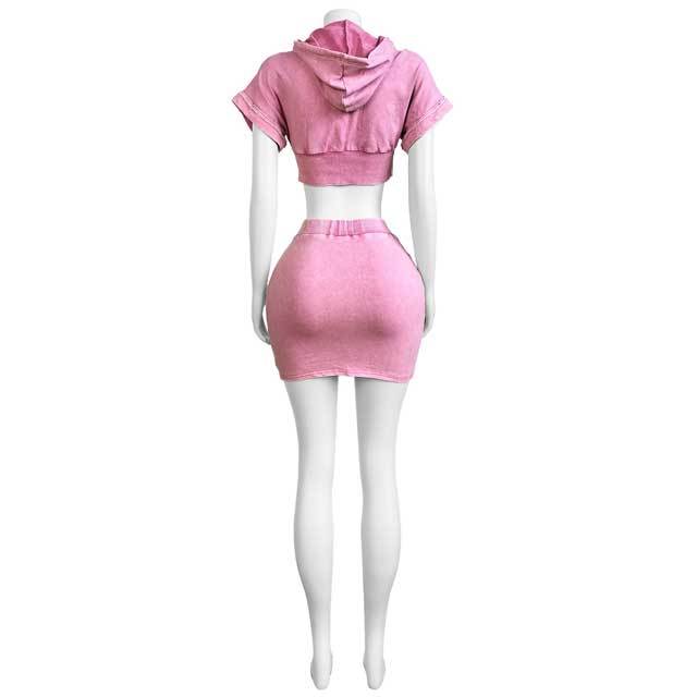 Washed Distressed Hooded Top Skirt Set