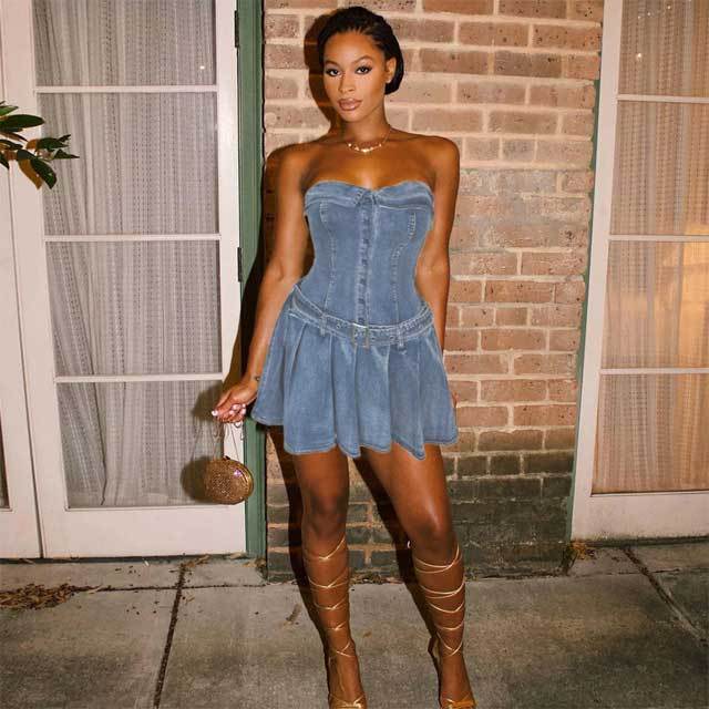 Denim Button Pleated Dress