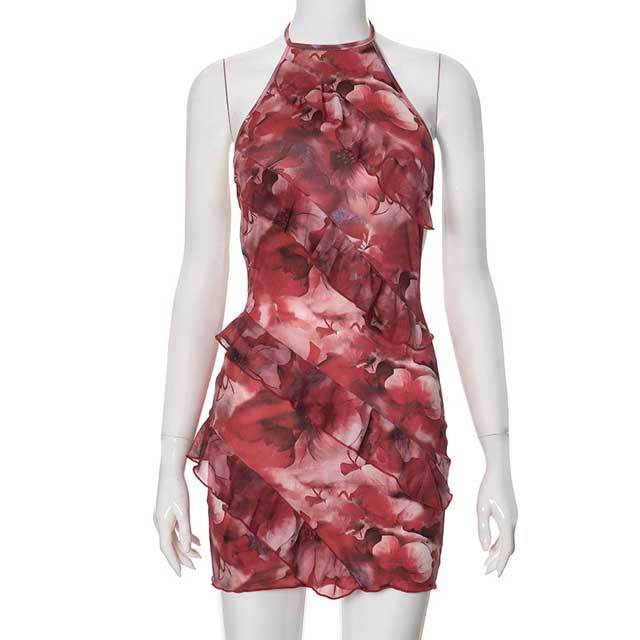 Printed Halter Ruffle Dress