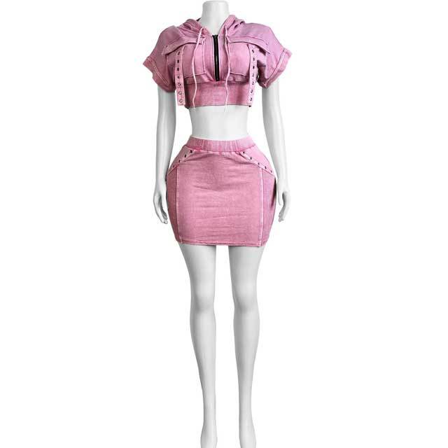 Washed Distressed Hooded Top Skirt Set
