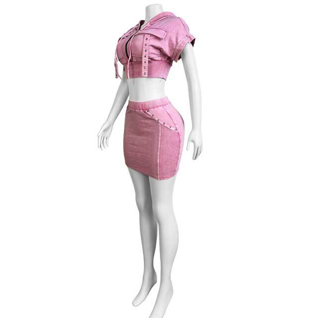 Washed Distressed Hooded Top Skirt Set