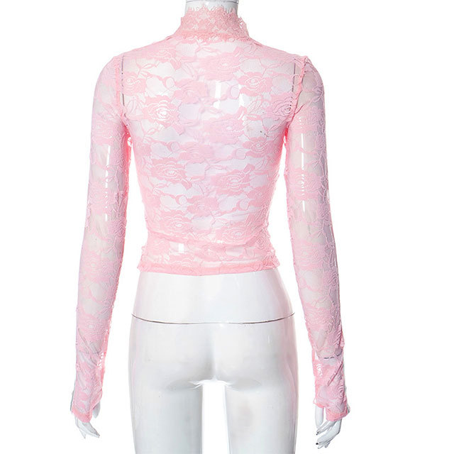 See Through Embroidery Lace Long Sleeve T-shirt
