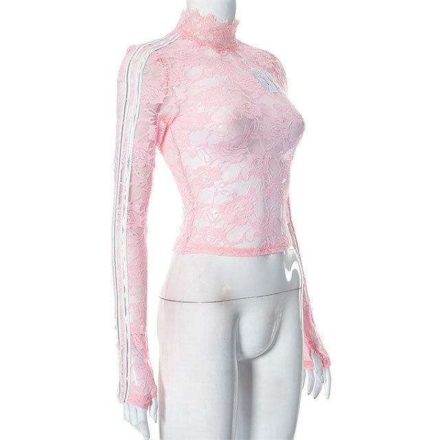 See Through Embroidery Lace Long Sleeve T-shirt