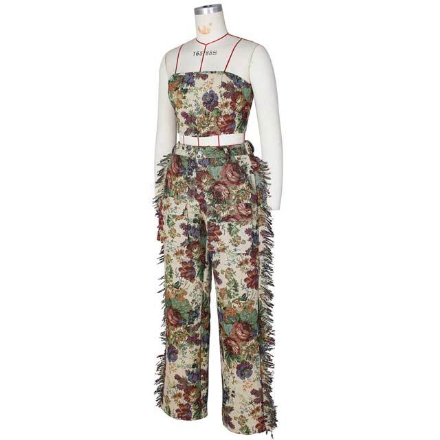 Printed Lace-Up Tube Top Cargo Tassel Pants Set