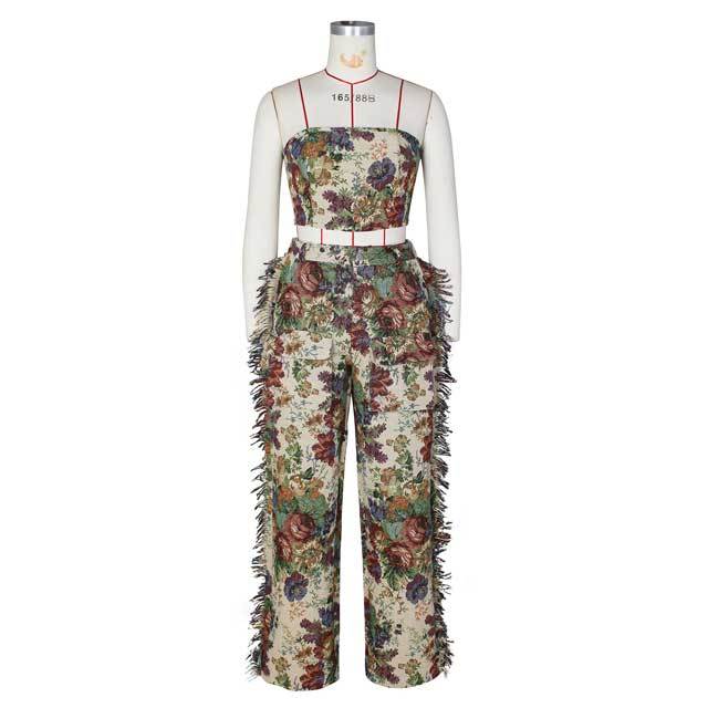 Printed Lace-Up Tube Top Cargo Tassel Pants Set