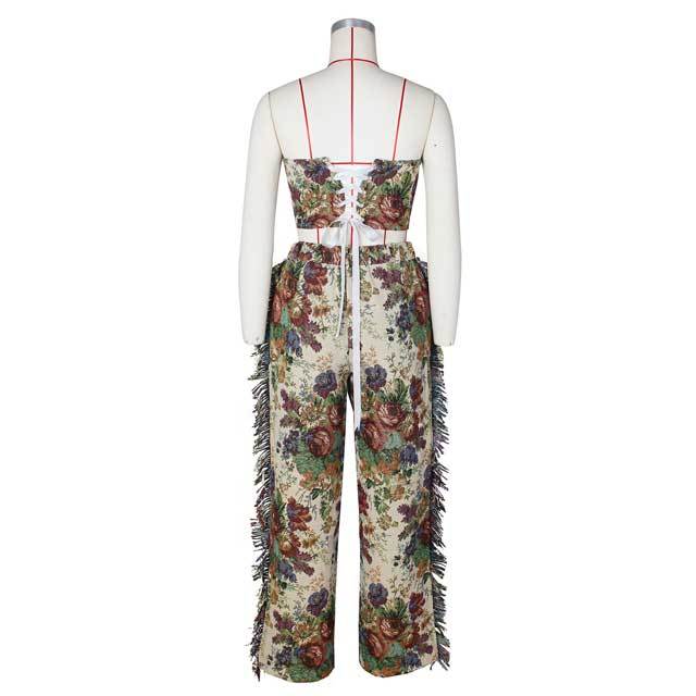 Printed Lace-Up Tube Top Cargo Tassel Pants Set