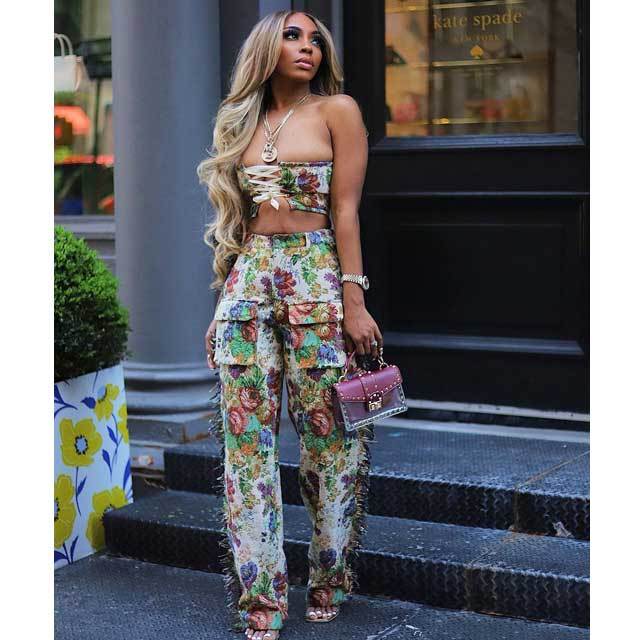 Printed Lace-Up Tube Top Cargo Tassel Pants Set