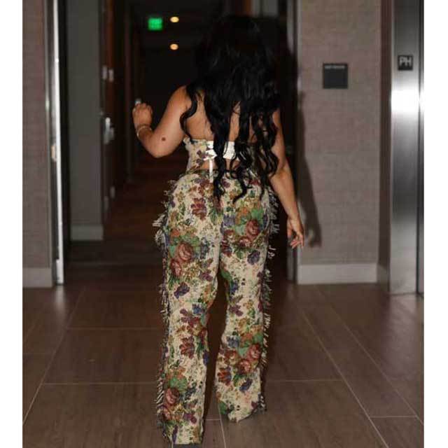 Printed Lace-Up Tube Top Cargo Tassel Pants Set