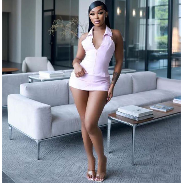 Zipper Up Halter Neck Top 2 Pieces Short Set