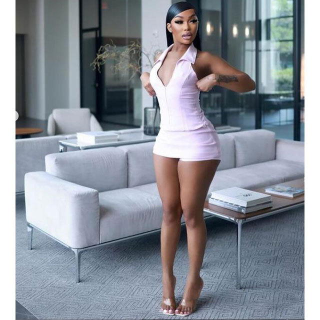 Zipper Up Halter Neck Top 2 Pieces Short Set