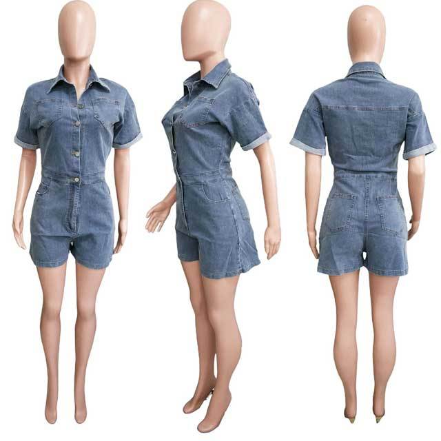 Button Washed Denim Casual Romper