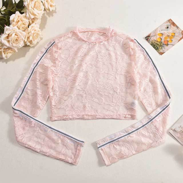 See Through Floral Lace Crop Tees