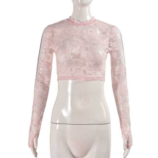 See Through Floral Lace Crop Tees