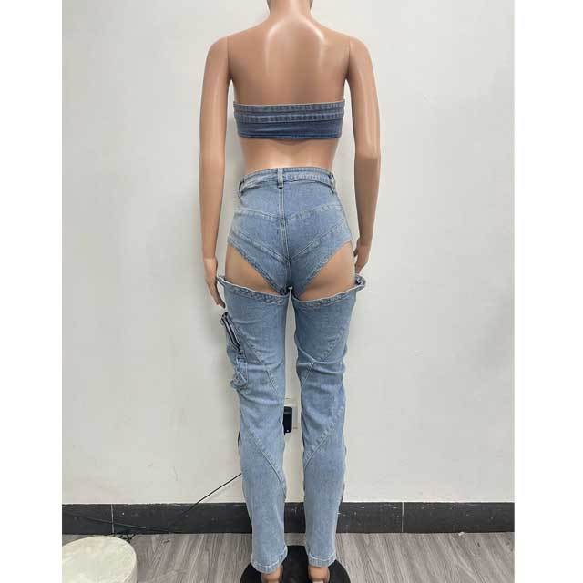 Denim Bra Top Cut Out Jeans Set
