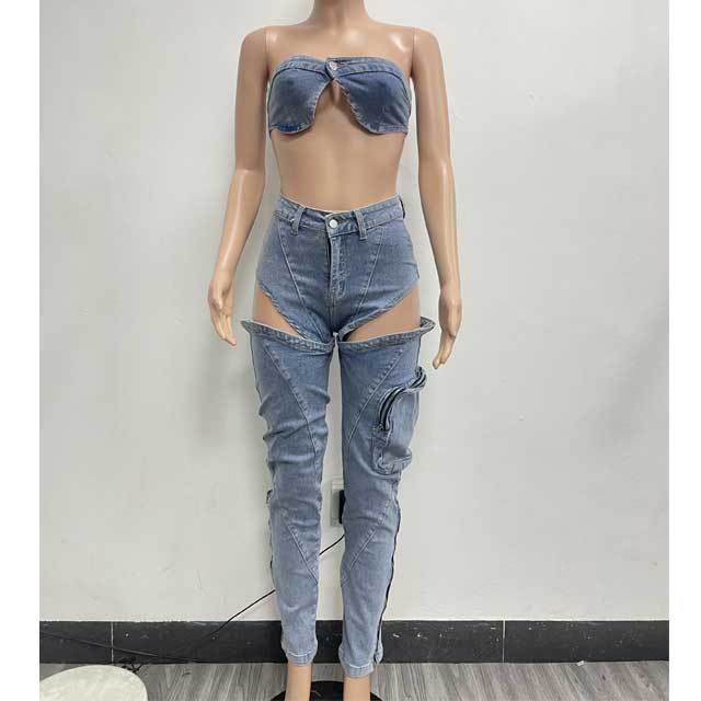 Denim Bra Top Cut Out Jeans Set