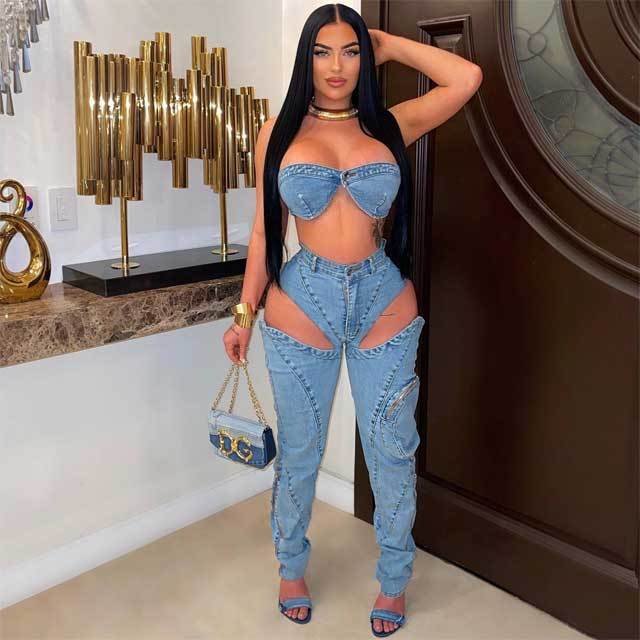 Denim Bra Top Cut Out Jeans Set